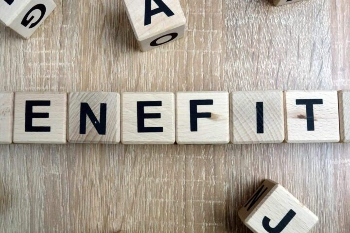 benefits spelled in wooden blocks