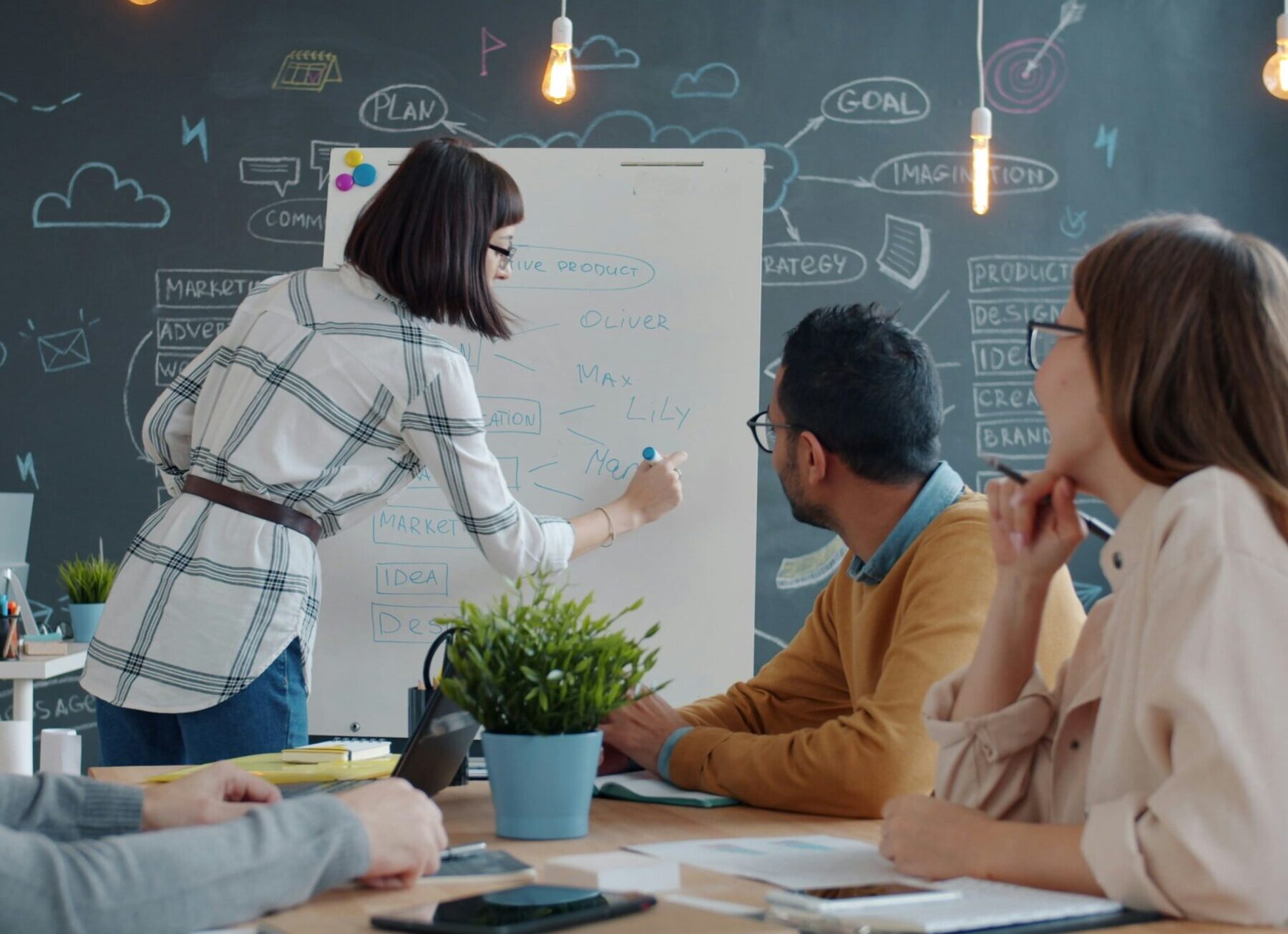 business meeting with woman in front writing on whiteboard